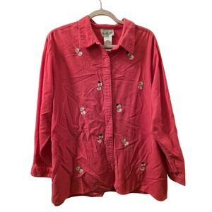 Vtg Pink Corduroy Snowman Embroidered  Button Up Shirt Quacker Factory Sz L